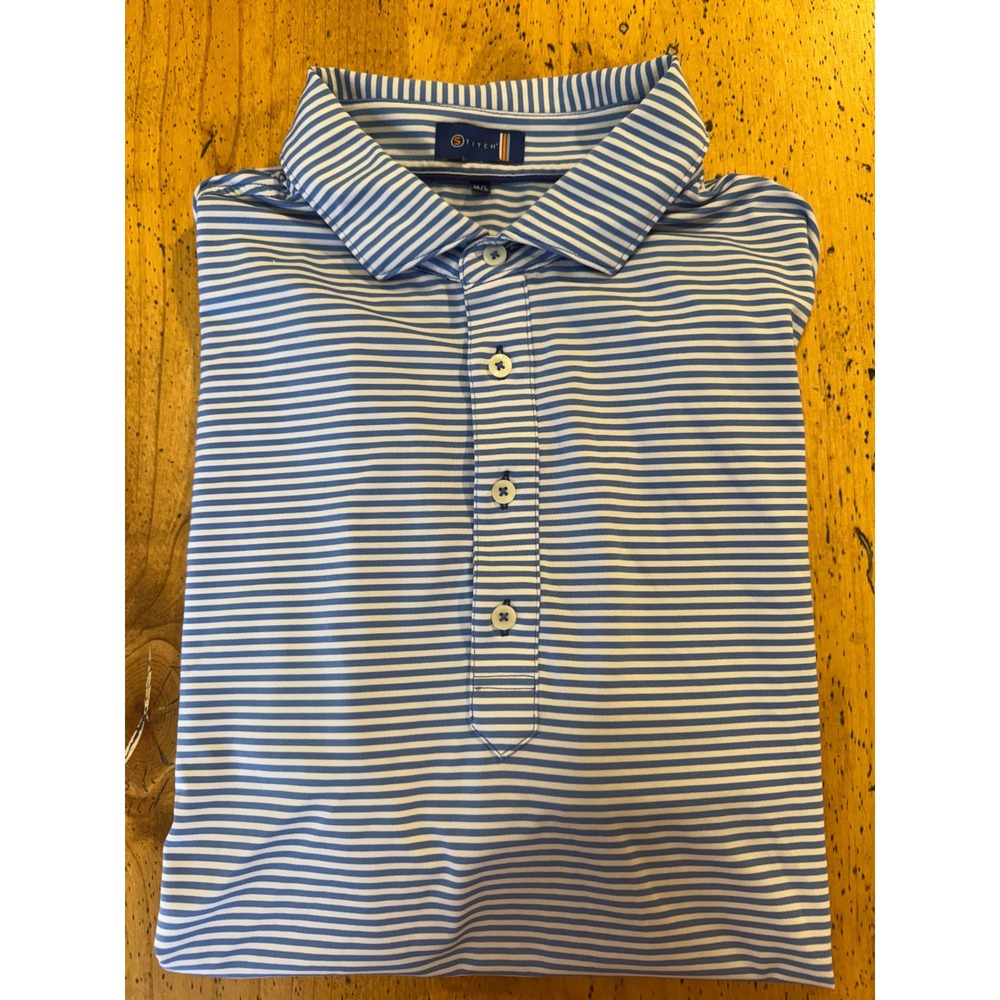 Stitch Golf Polo Size M/L Blue White Striped Short Sleeve Performance Shirt